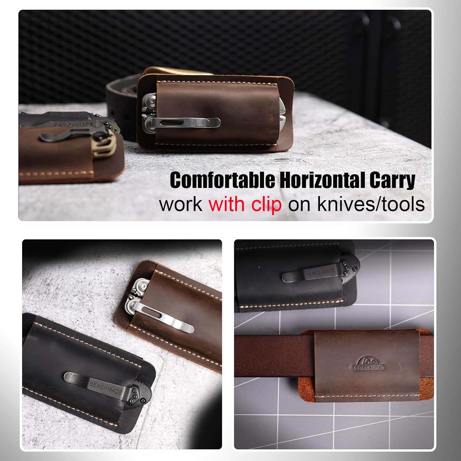 Topstache Leather Sheath for Belt - EDC Belt Organizer - Pocket Knife Holder - Everyday Carry Multitool Holster - Horizontal Carry Tool Holster Pouch, Size Splus, Darkbrown