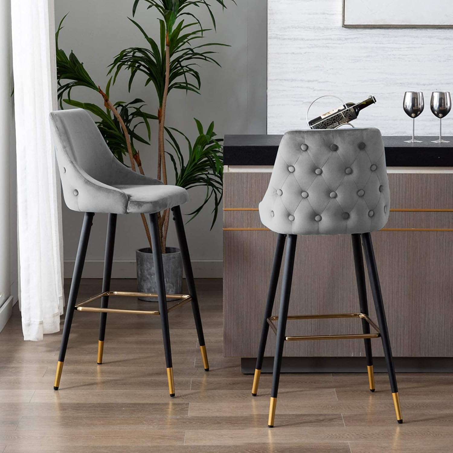 DUHOME Velvet Button Tufted Barstools Set of 2, 30" Modern Counter Height Bar Stools with Back and Gold Base for Pub Bar, Grey
