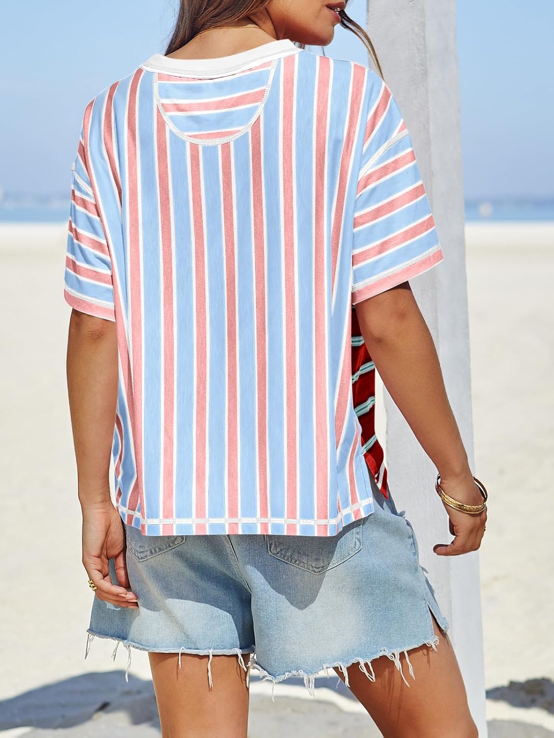 Tankaneo Womens Summer Striped Shirts Casual Color Block Short Sleeve Tops Loose Fit Crew Neck Tees - Image 6