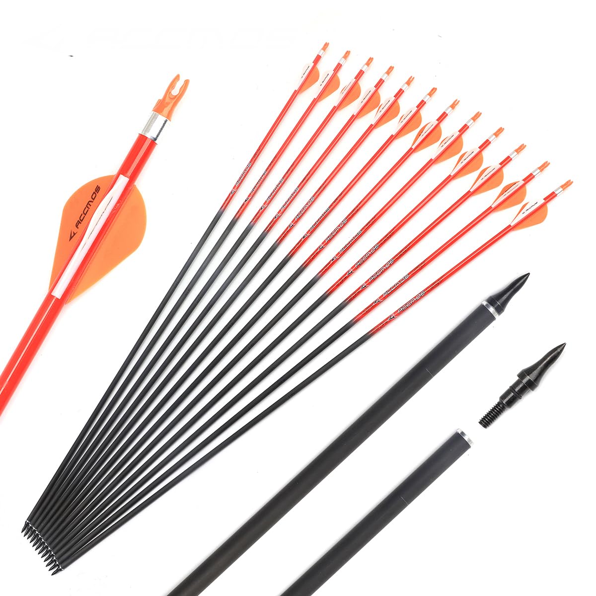 12 Stück Orange Kohlepfeile Spine 300 340 400 500 600 700 800 ID 6,2mm, für Compound Bogen Recurve Bögen Jagd Bogenschießen Praxis