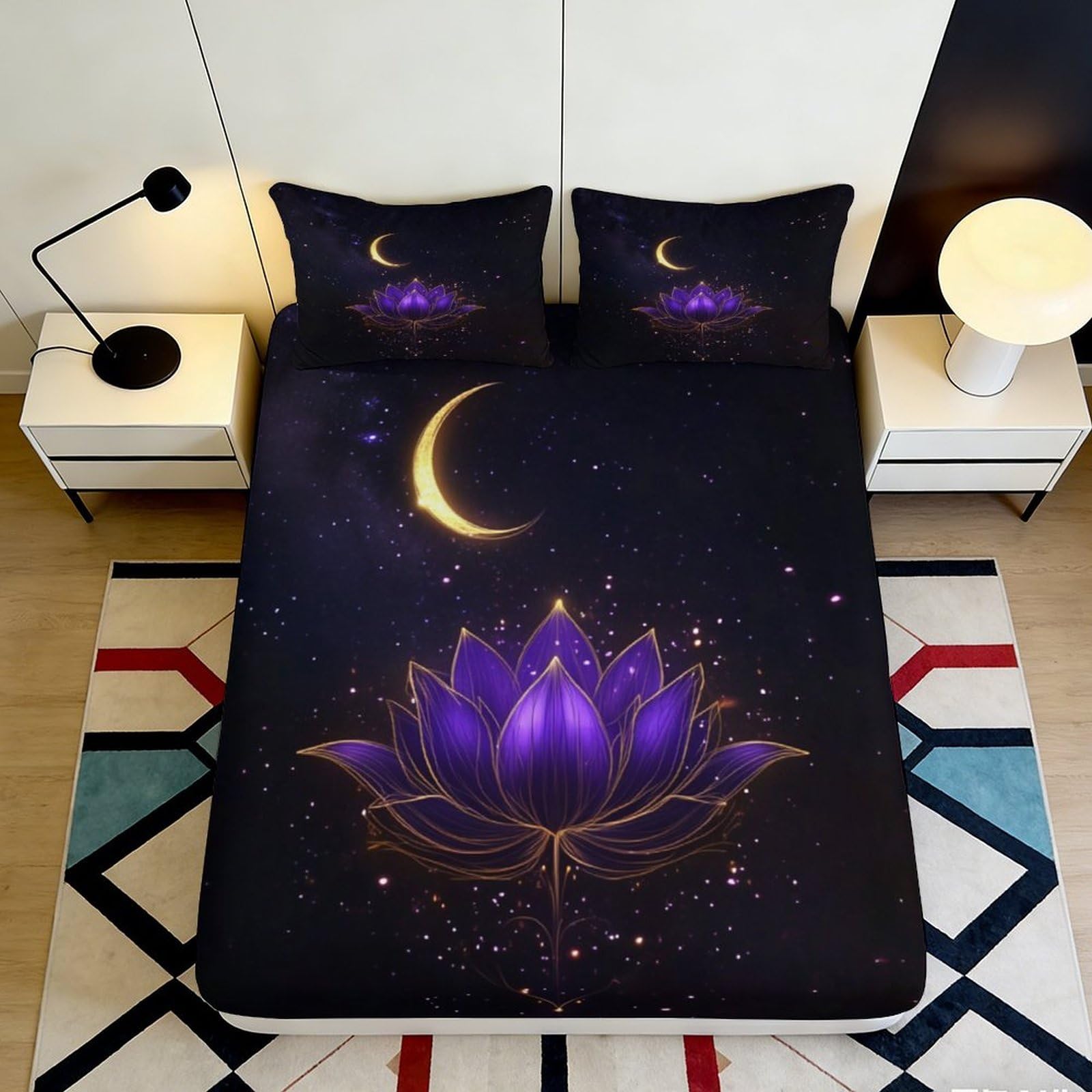 3D Printed Purple Lotus Moon Fitted Sheet Microfiber Non Slip Mattress Cover Starry Sky Bedroom Decor 90x200x25cm