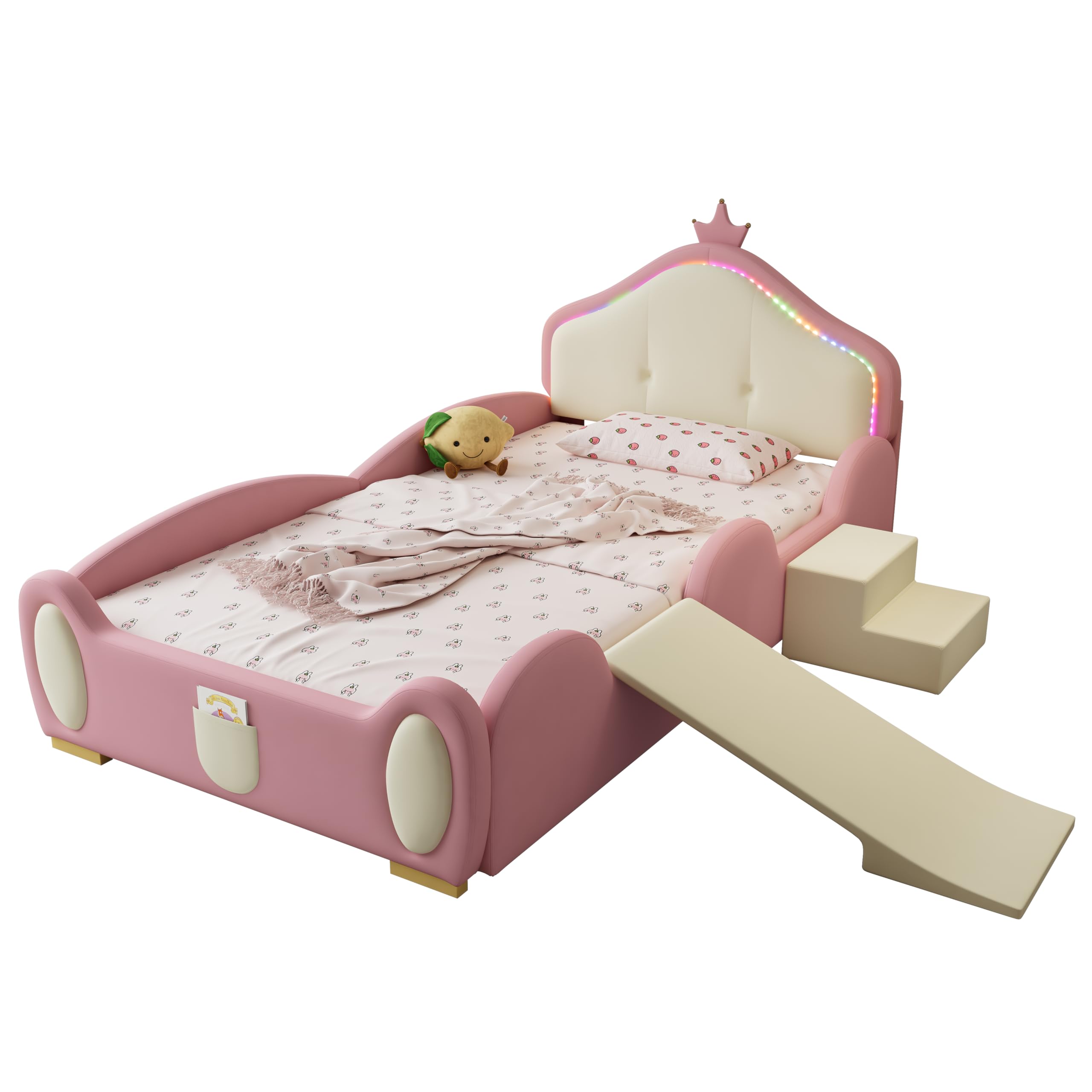 Kinderbett Polsterbett 90x200, Einzelbett Cartoon Bett mit LED Crown Kopfteil&kleiner Rutsche&Treppe, Jugendbett Mädchenbett Bettgestell mit Lattenrost&Rausfallschutz, PU, Ohne Matratze, Rosa+Beige