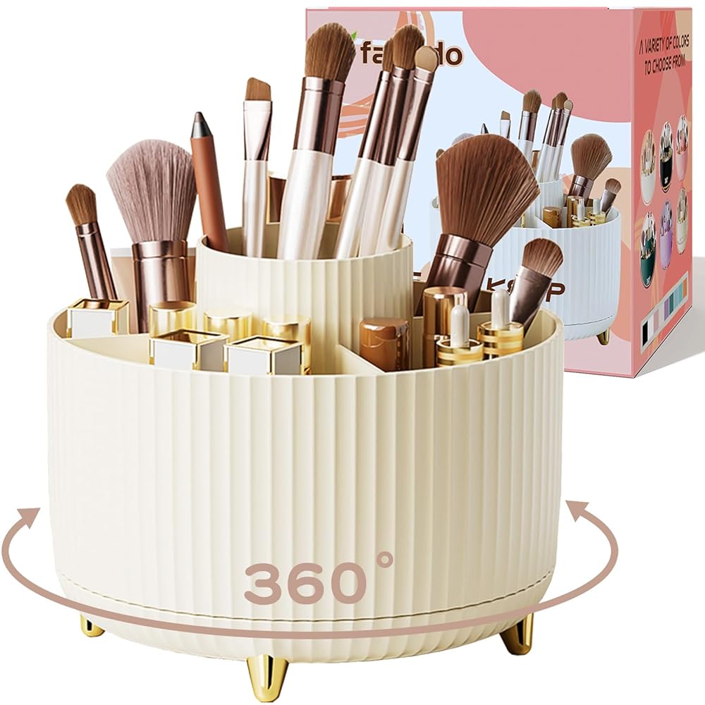 fanado 360 Rotate Makeup Brush Holder Organizer, Makeup Organizers Countertop, Makeup organization and Skincare Storage for Vanity, Desktop, Bathroom (Ivory)