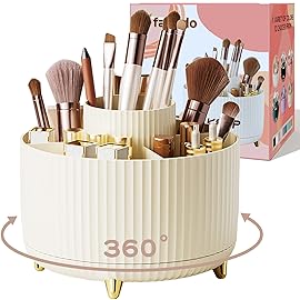 fanado 360 Rotate Makeup Brush Holder Organizer, Makeup Organizers Countertop, Makeup organization and Skincare Storage for Vanity, Desktop, Bathroom (Ivory)