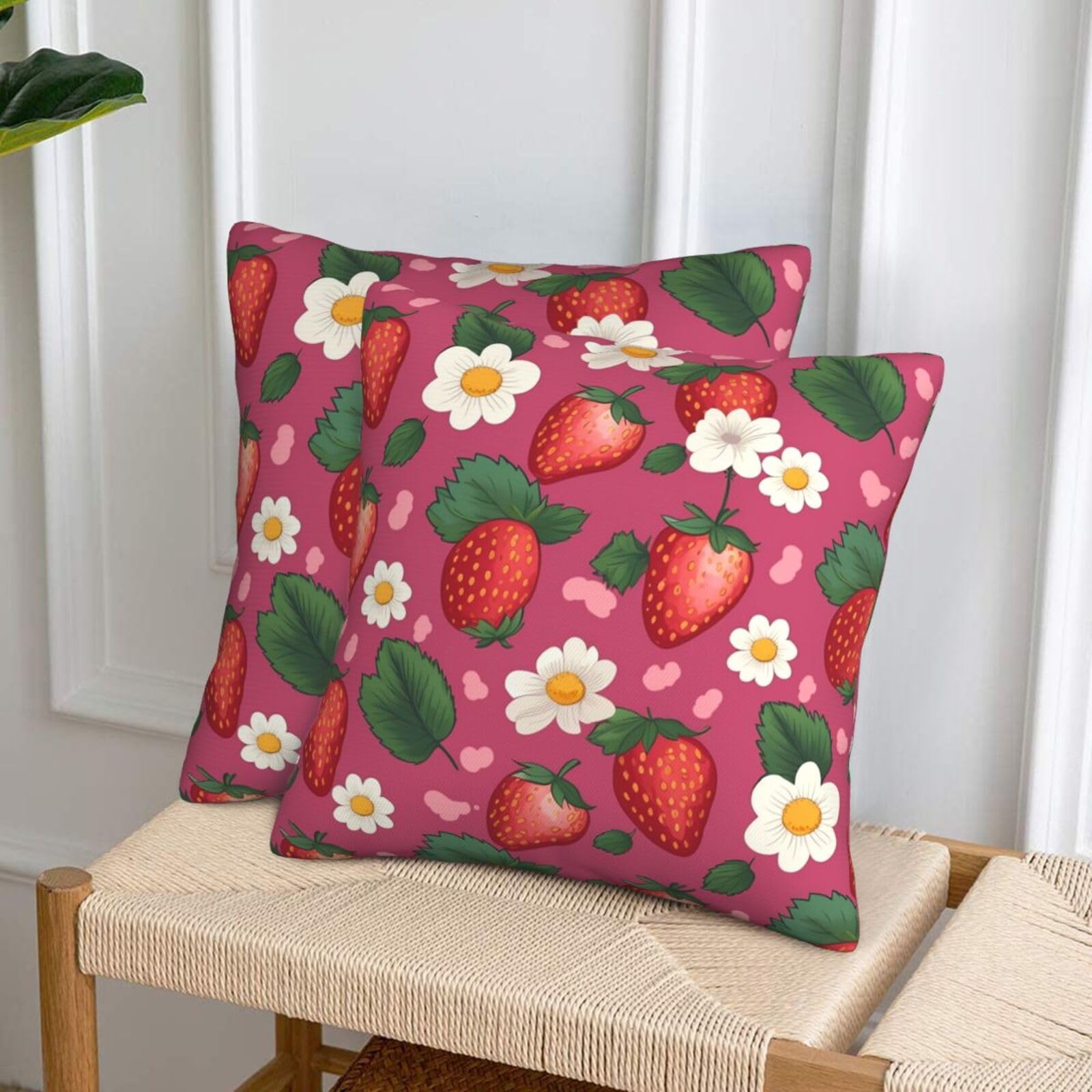 NONHAI Decorative Throw Pillow Covers Set of 2, 18"x18" Square Cushion Case Soft Comfy Strawberry Throw Pillows for Couch Cushion Livingroom Farmhouse Home Decor Pillowcases