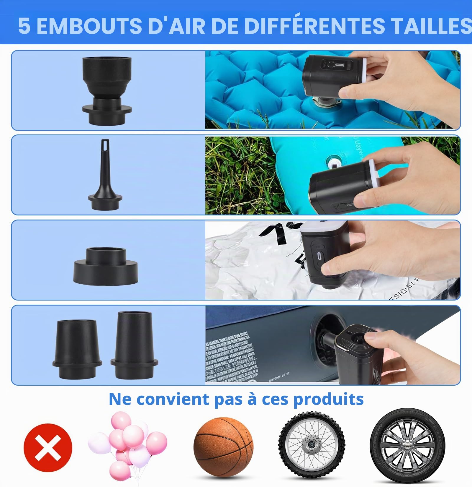 Mini Pompe à air électrique Portable avec 5 Buses, Batterie Rechargeable 4000 Pa pour Matelas, Sac sous Vide, pagaie, Piscine, Flotteur
