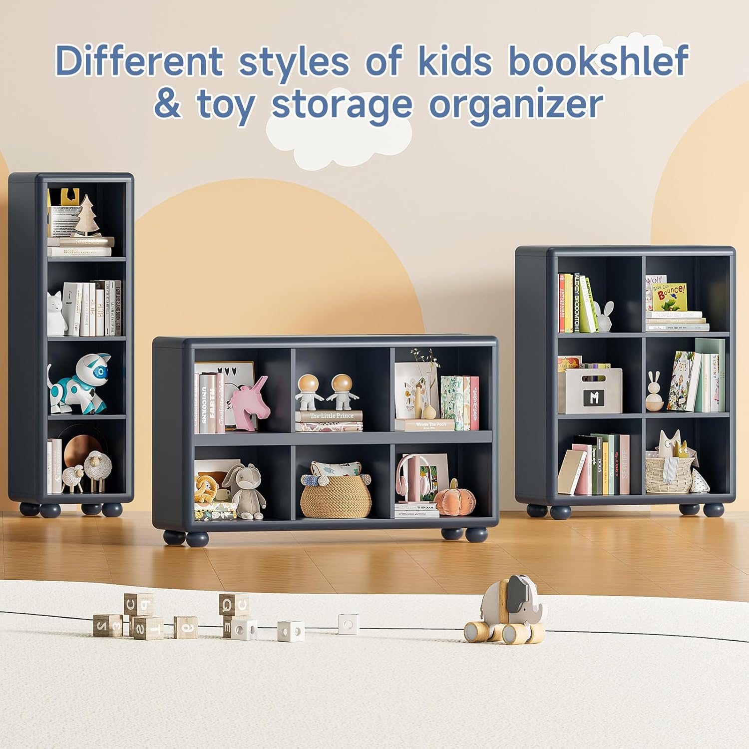 ONBRILL Kids Bookcase with 6 Cube Storage, Toy Storage Organizer with All-Rounded Design, Montessori Shlef with Sphere Foot, Kids Bookshelf for Playroom, Bedroom, Nursery, Classroom (Navy Blue)