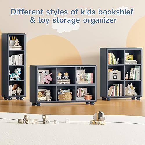 Miniatura 7 de ONBRILL Estantería de madera con 6 cubos de almacenamiento, estantería para niños con pie esfera, organizador de almacenamiento de juguetes