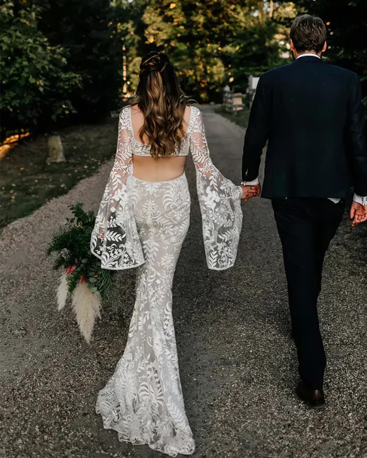 Long Sleeve Wedding Dress Vintage Lace Mermaid Wedding Gowns Beach Boho Bridal Dresses for Women Bride