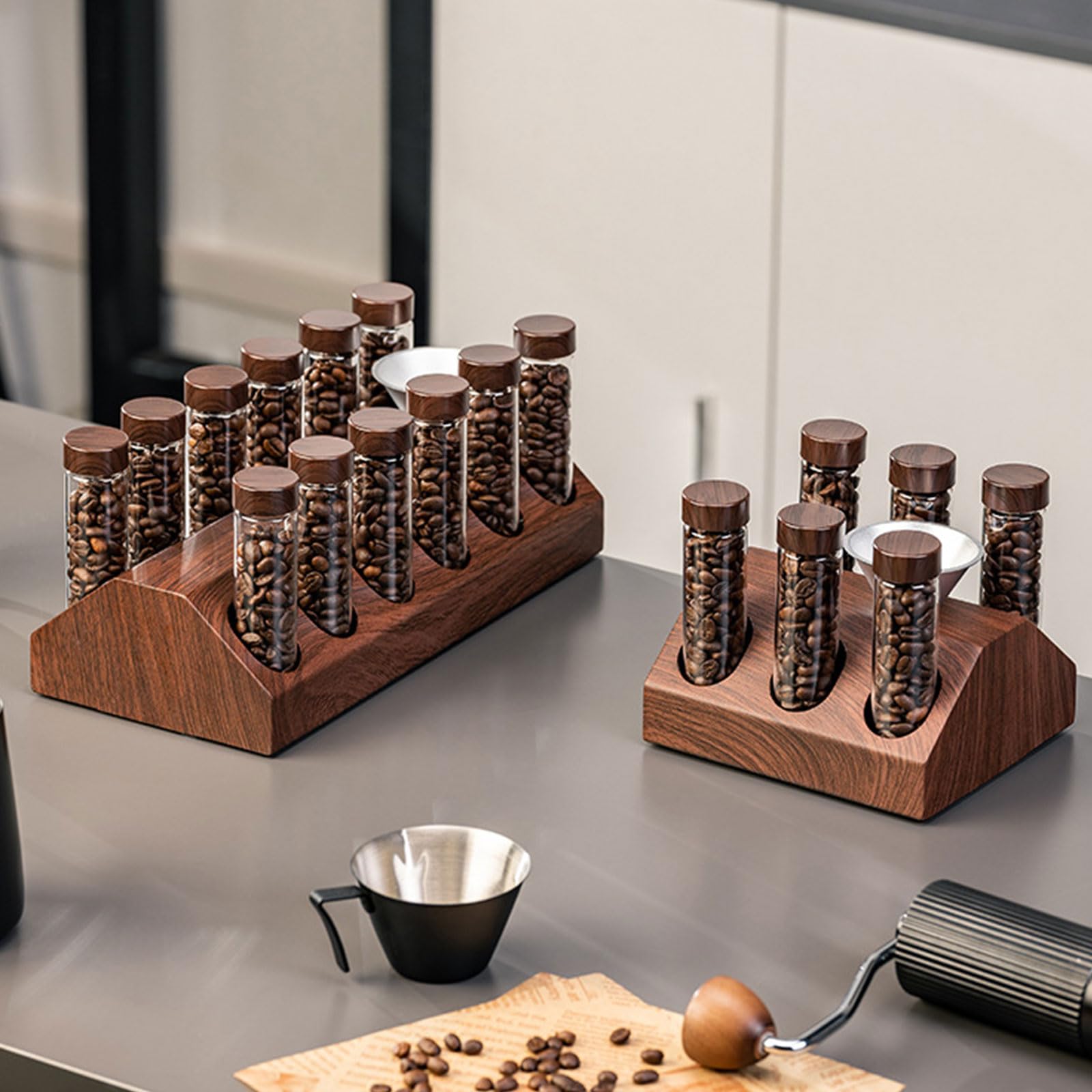 Bohnenspender, Kaffeebohnenflaschen, Glas Reagenzglas Ausstellungsständer, Versiegelung von Kaffeebehältern, Ständer für Zubehör