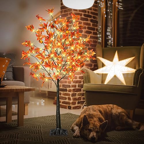 Miniatura 8 de Árbol de arce iluminado de 4 pies con 60 luces LED - Árbol artificial para decoración de otoño y Acción de Gracias con 6 bellotas, 120 hojas,
