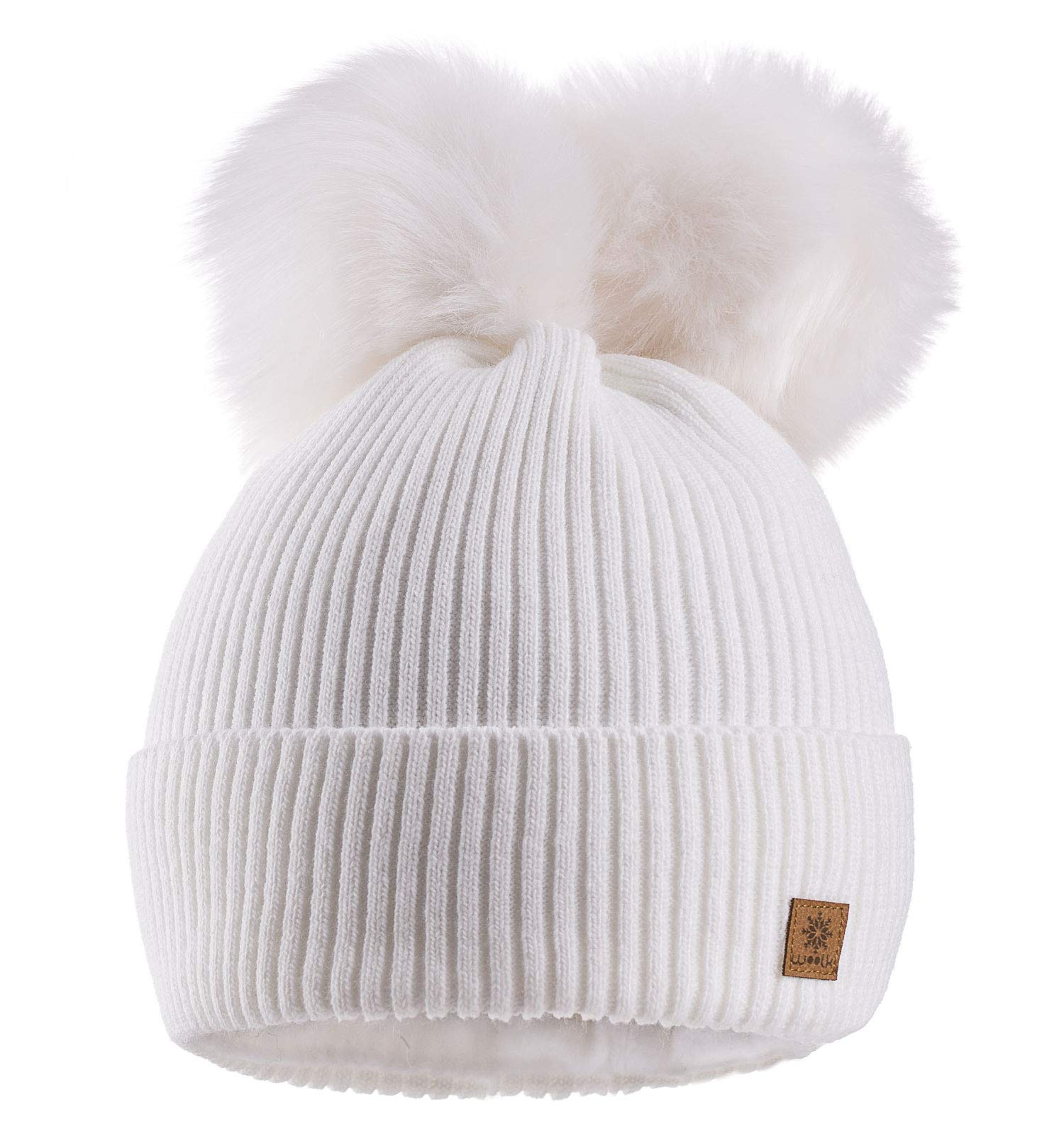 Mfaz Morefaz Ltd Women's White Winter Beanie Hat Knitted Chunky With Double Faux Fur Pom Pom (White)