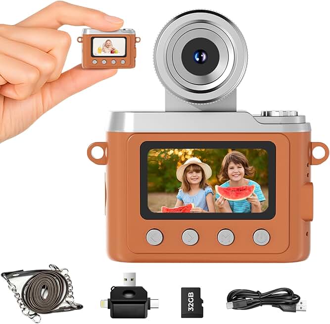 Mini Keychain Digital Camera, Retro CCD Camera 1080P Flip the Lens Digital Camcorder with 32GB Card & 3-in-1 Card Reader, Portable Tiny Camera for Kids, Beginner, Travel, Party and Vlog(Brown)