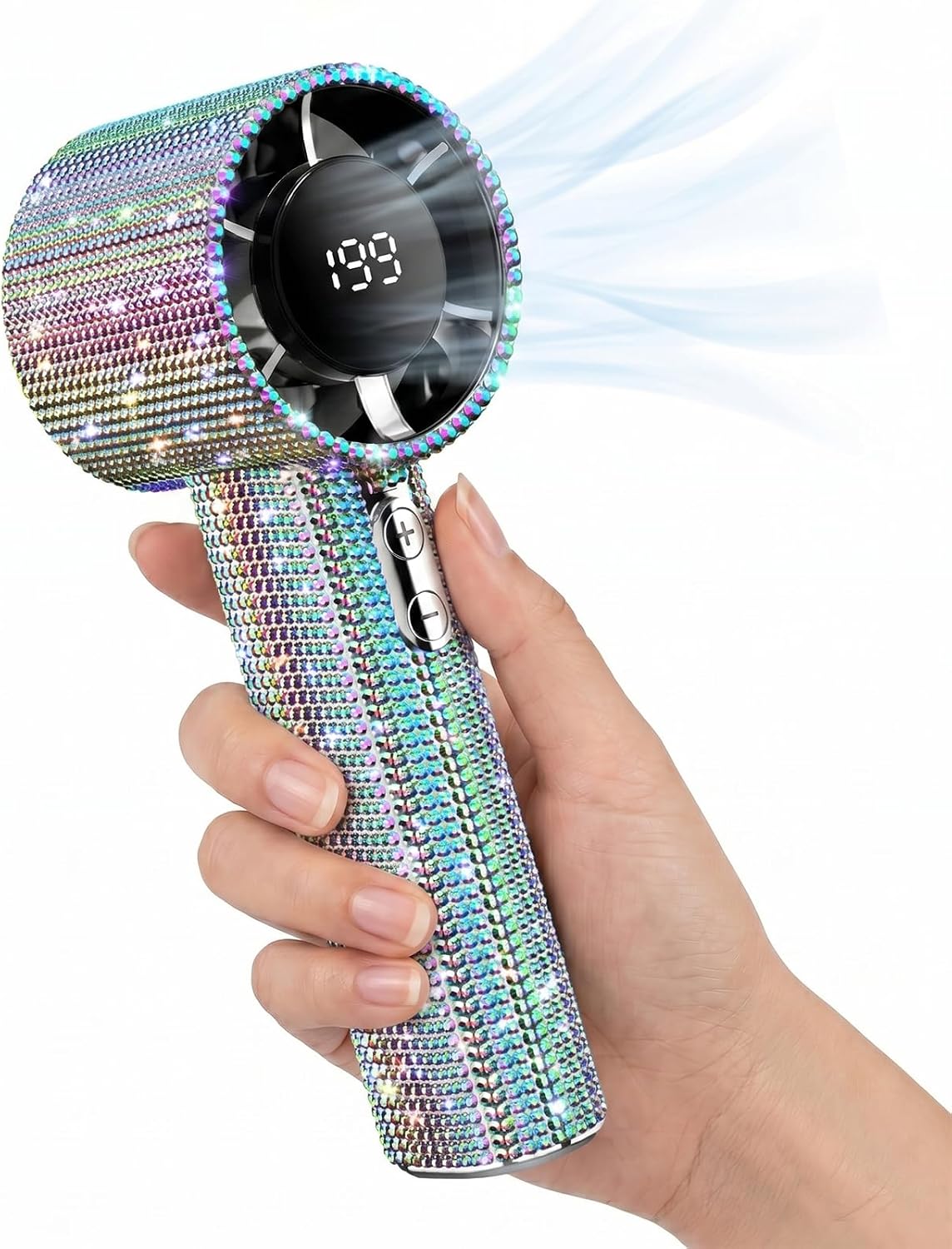Portable Handheld Fan with Rhinestones, 199-Speed Turbo Fan LED Display, 1800mAh Rechargeable Mini Personal Cooling Fan for Travel, Women, Outdoor (Colorful)
