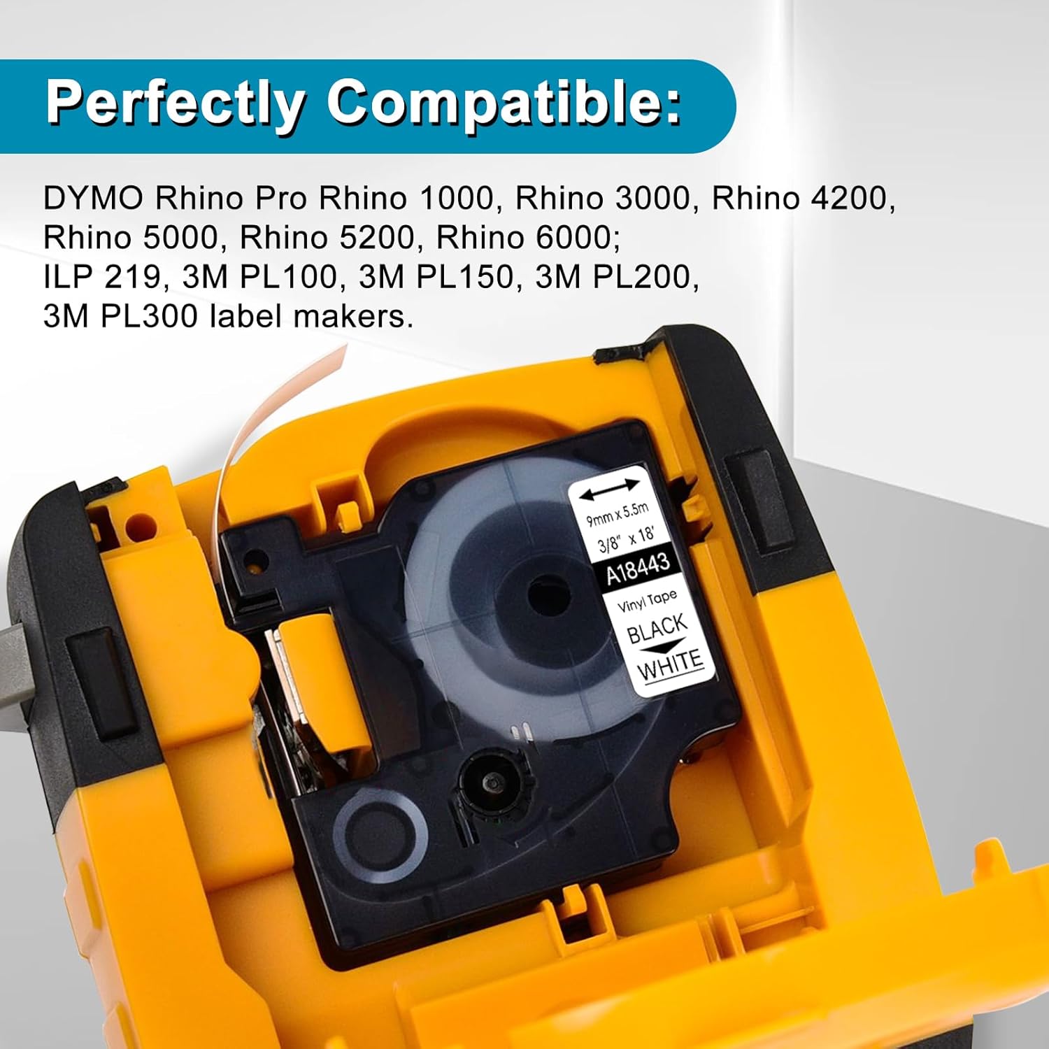 20 Pack Compatible for Dymo Rhino 18443 3/8" 9mm Black on White Vinyl Permanent Industrial Label Tape for Rhino 1000 3000 4200 5000 5200 6000 and 3M Label Maker