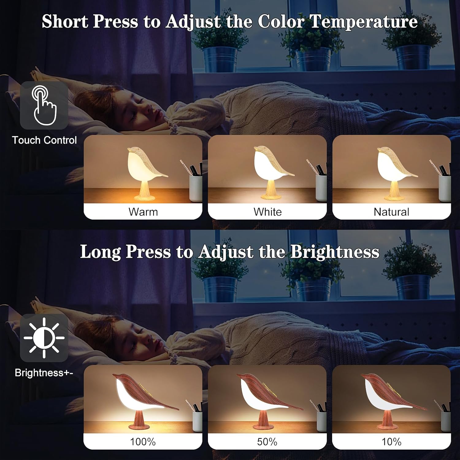 Small Cordless Bird Lamp, Touch Night Light with 3 Color Temperature/Dimmer Brightness/Touch Sensor/Aroma Diffuser, Rechargeable Battery Hummingbird Lamp for Kids, Bedside, Small Place (2Pack)