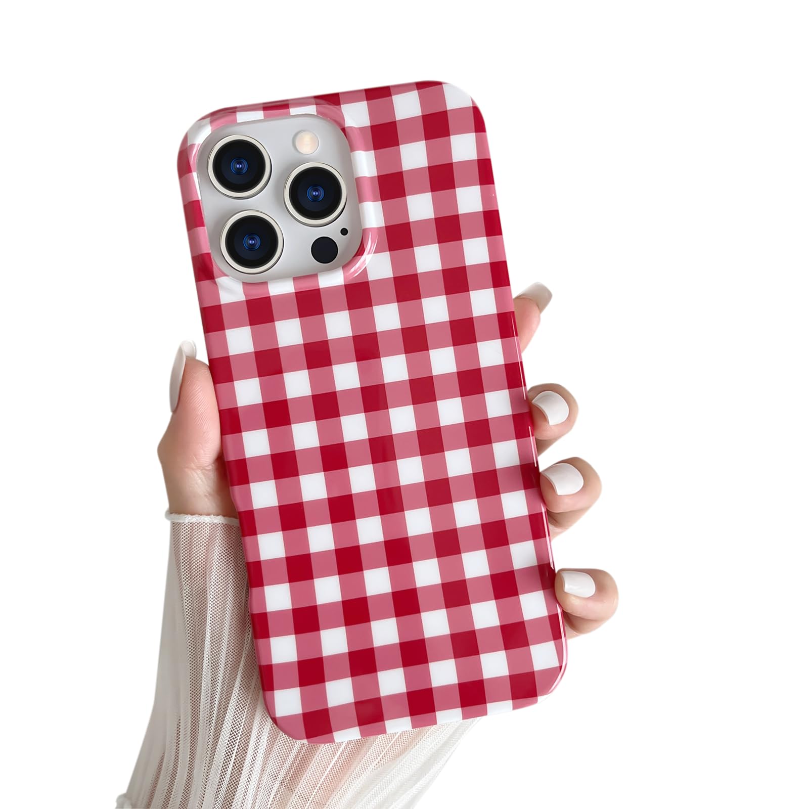 Skyseaco for iPhone 16 Pro Max Case Cute Aesthetic Gingham Phone Case Soft Slim TPU Shockproof Phone Cover for Women Girls - Red