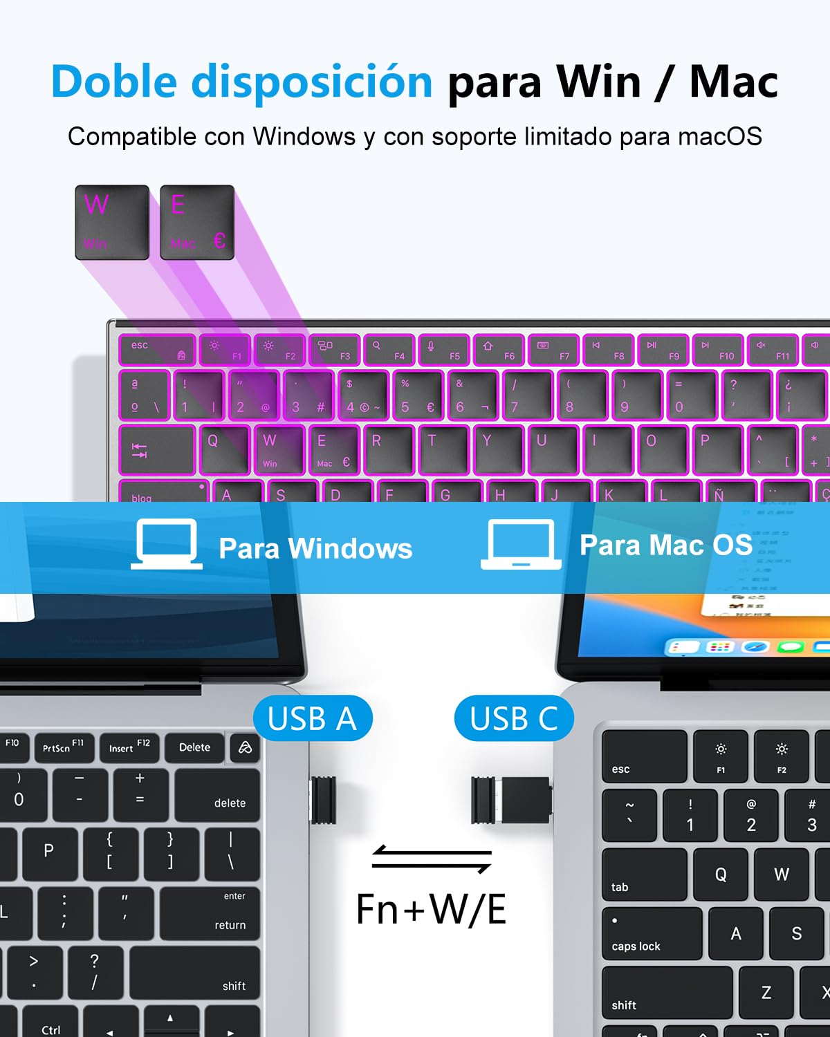 OMOTON Teclado Inalámbrico Bluetooth + 2.4GHz, Carcasa Metálica, Teclado QWERTY Español Silencioso Multidispositivo, Teclado Retroiluminado Recargable para Windows/Mac, Oficina y Estudio, Gris Negro