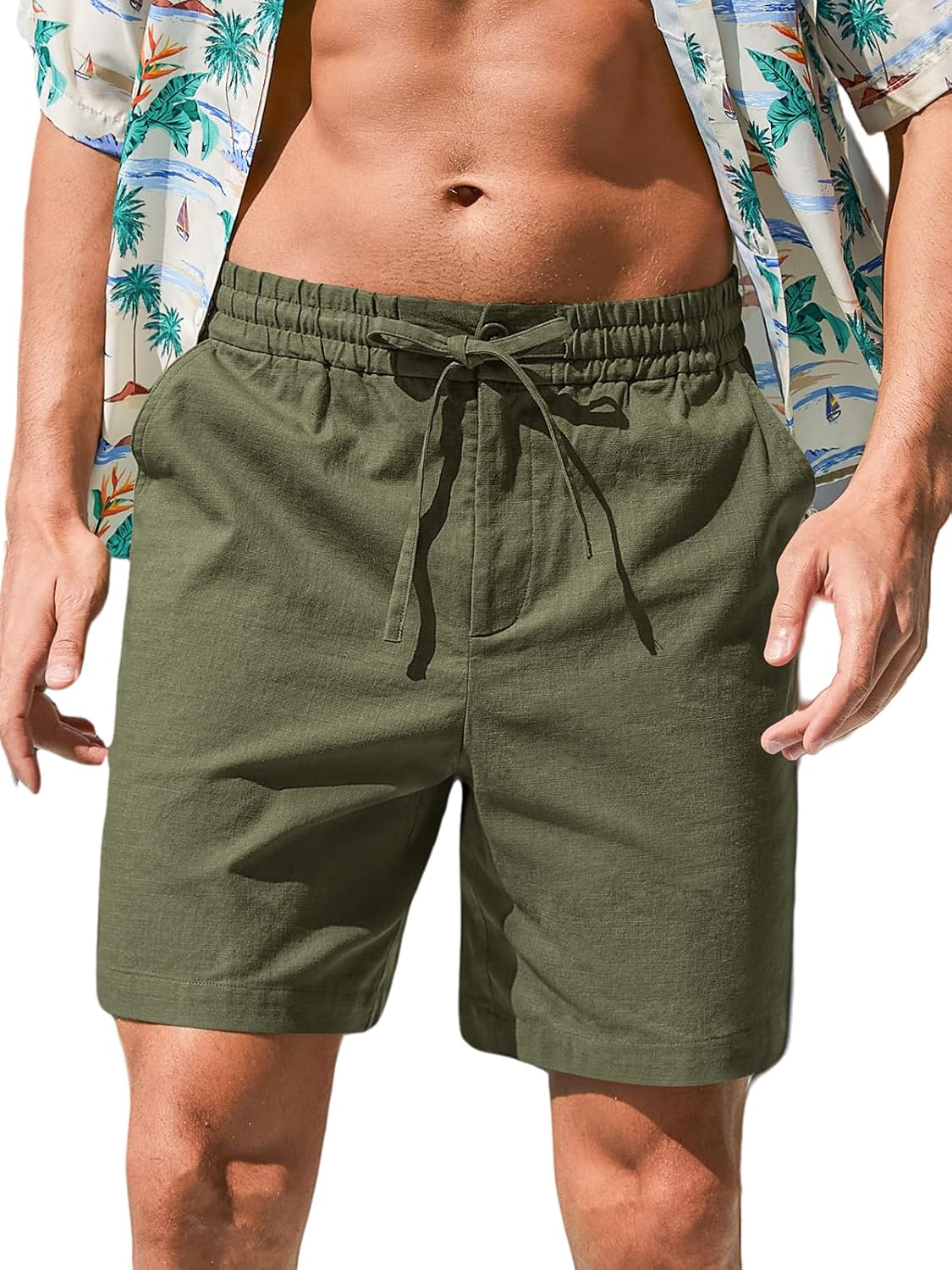 RQP Mens Cotton Linen Shorts Casual Drawstring 7inch Inseam Shorts Stretch Summer Beach Wear