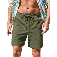 RQP Mens Cotton Linen Shorts Casual Drawstring 7inch Inseam Shorts Stretch Summer Beach Wear