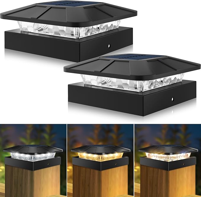 Peasur 4x4in Solar Post Cap Lights Outdoor with 3 Lighting Modes, 2 Packs LED Post Light Solar Powered Waterproof, Fence Deck Lights for Wood/Vinyl Posts