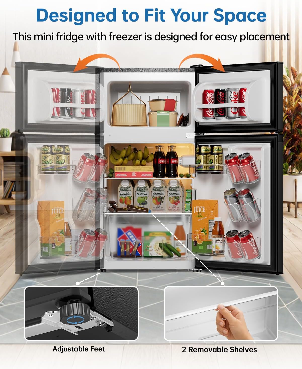 3.2 Cu Ft Mini Fridge with Freezer - Energy Efficient, Double Door Upright Freezer for Bedroom, Office & Dorm,restaurants | Small Fridge, Glass Shelves,Interior Light,ETL Certified,etc