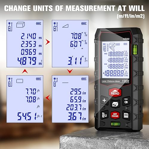 Miniatura 6 de Laser Measure 196ft, Charcity Laser Distance Meter 60M(MinF) with 2 Bubble Levels, Mute Function IP54 Waterproof Large LCD Backlit, for Pythagorean