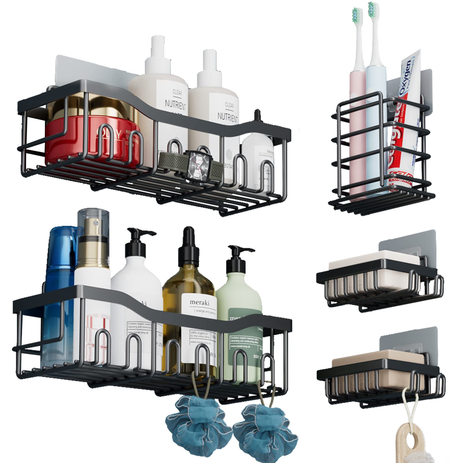 Shower caddy [5 Pcs], Strong Bonding/No Drilling/No Drilling/Wall Mounted Shower Shelf for Shampoo/Toothpaste/Soap/Cosmetics Bathroom Storage Wall Shelf, Black