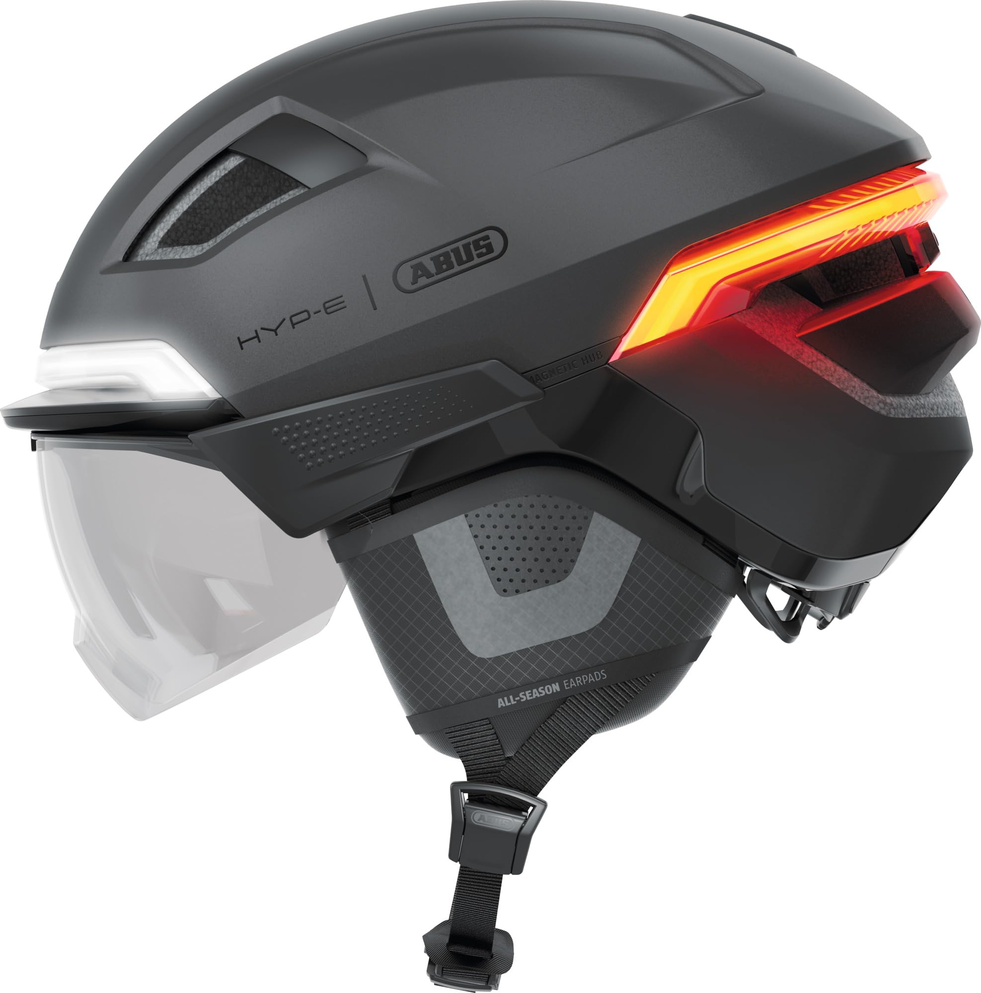 ABUS HYP-E Ace Bike Helmet - with Front Light, Rear Light and Indicator Light - with Visor and Earmuffs - Also Suitable for e-Bikes and S-Pedelecs - for Men and Women - Size S, Silver