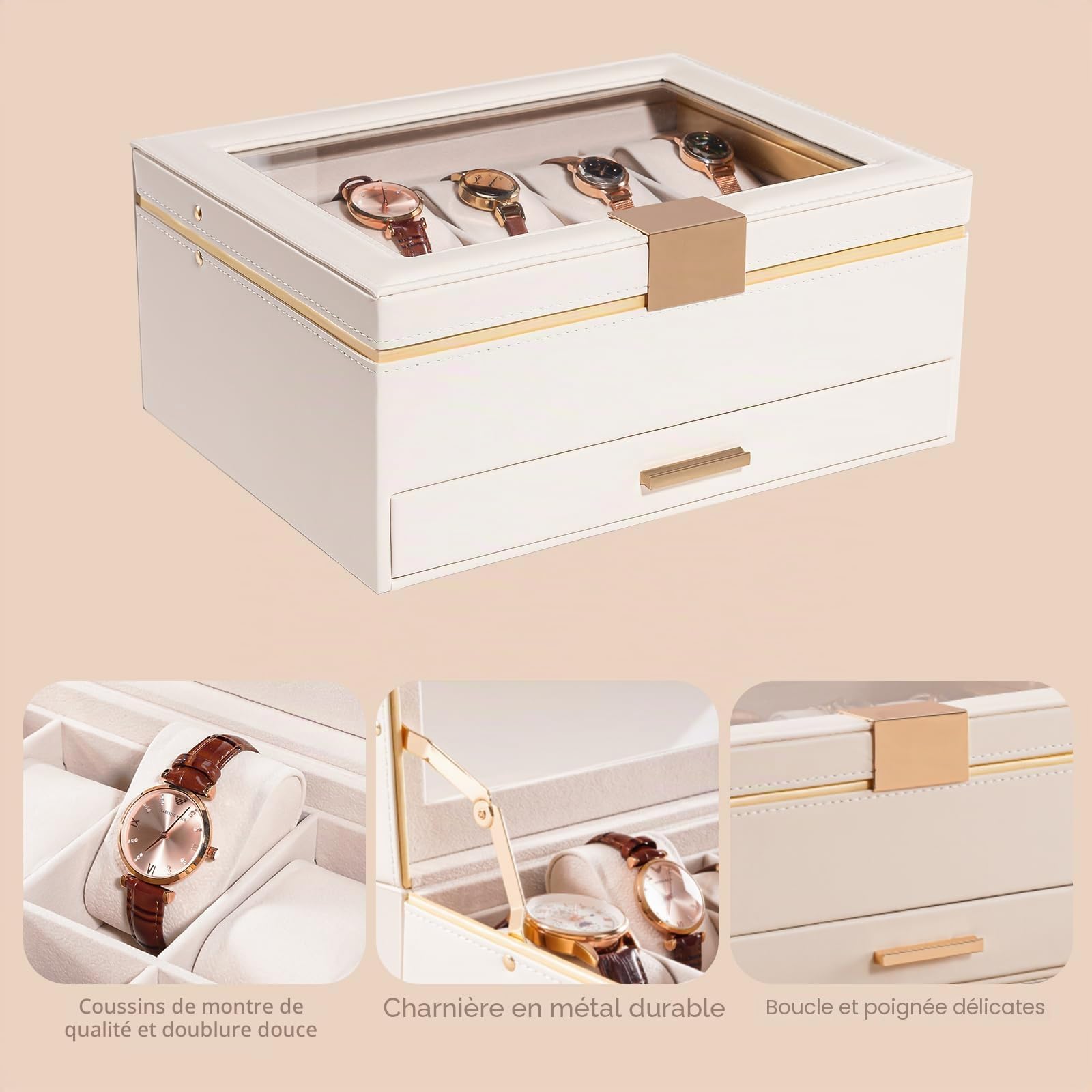 ProCase Boîte Montre Femme Elégante, Coffret Montre à 2 Niveaux, Range 10 Montres, 1 Tiroir pour Bijoux -Beige