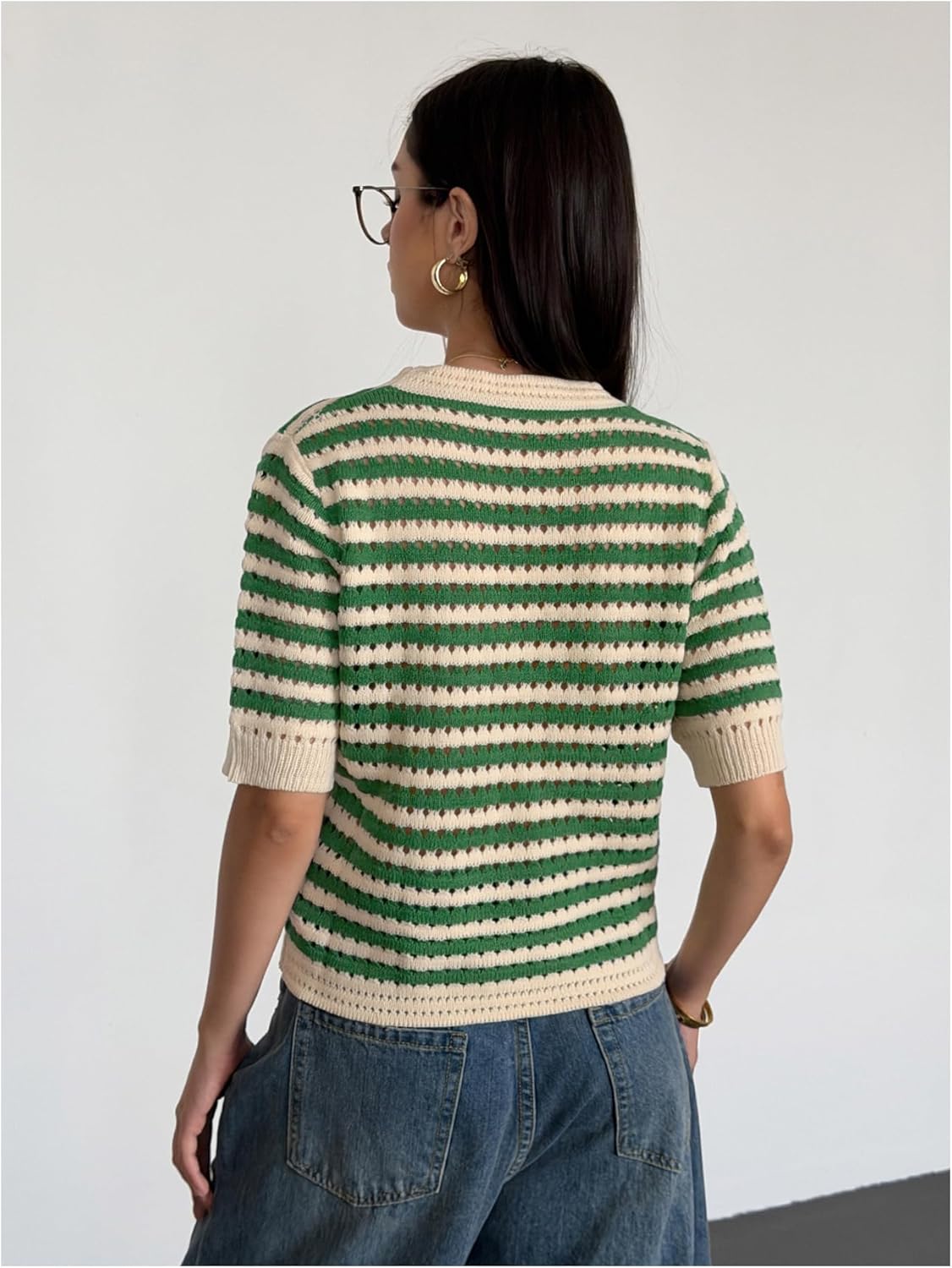 Floerns Women's Striped Sweater Half Sleeve Hollow Out Crew Neck Knitted Pullover Top - Image 2