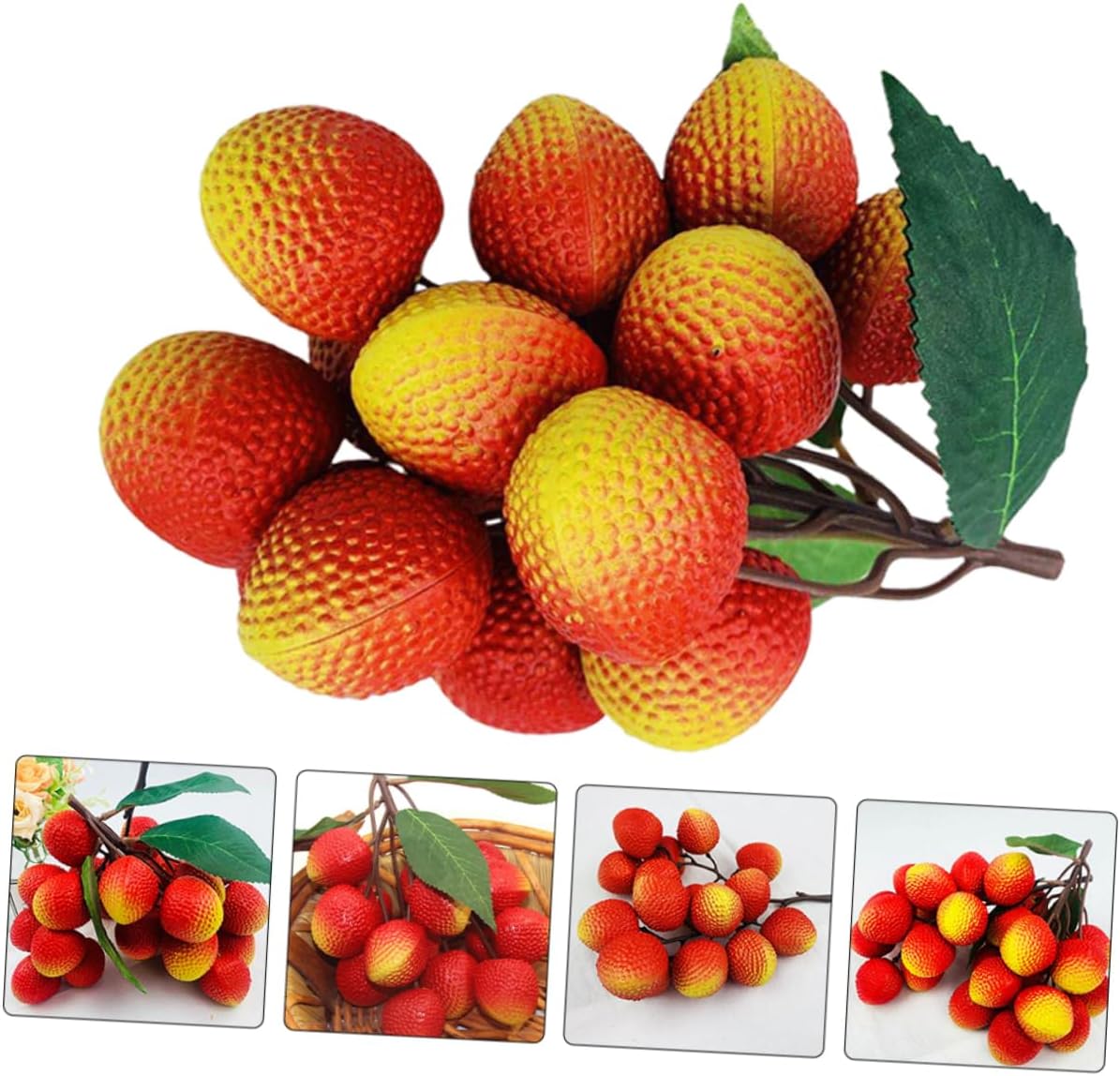 2 Bunches Artificial Litchi Fruit Model Realistic Fake Fruits for Home Kitchen Party Decoration Photo Props Reusable Plastic Simulation with Leaves