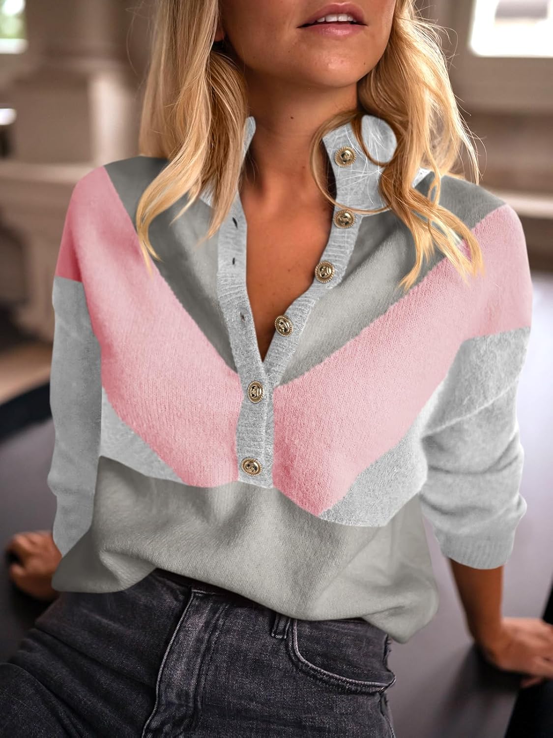 Saodimallsu Womens Color Block Sweaters Mock Neck Button Long Sleeve Knit Henley Shirts Loose Casual Pullover Tops - Image 2