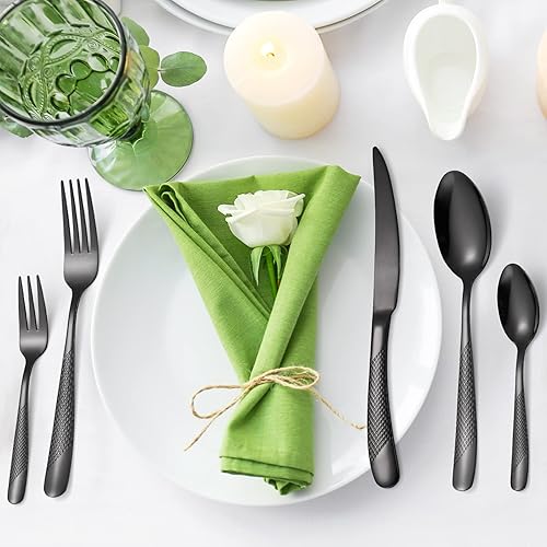 Miniatura 7 de Juego de cubiertos martillados de 20 piezas, color negro, juego de cubiertos de acero inoxidable 1810, juego de cubiertos chapados en titanio para