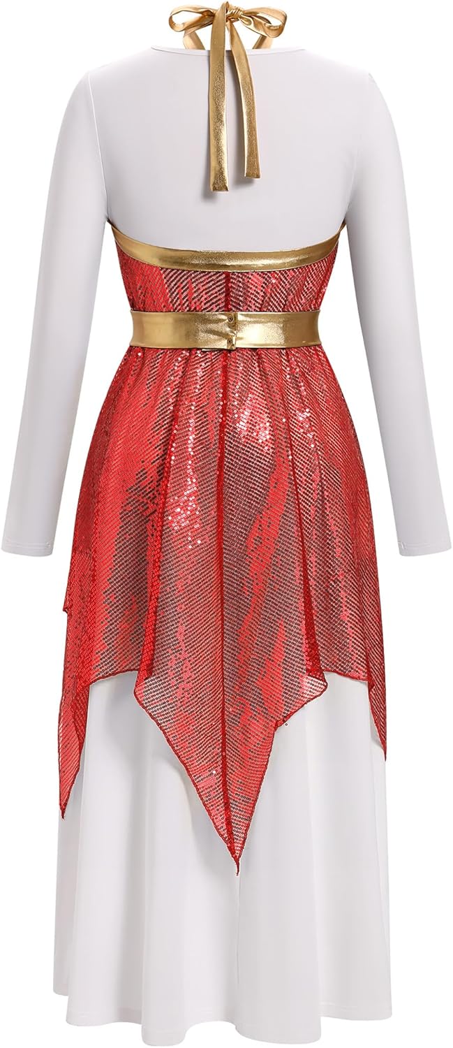 IDOPIP Women White Praise Dance Dress with Sequin Praise Dance Overlay Tunics Liturgical Lyrical Dancewear Worship Costume