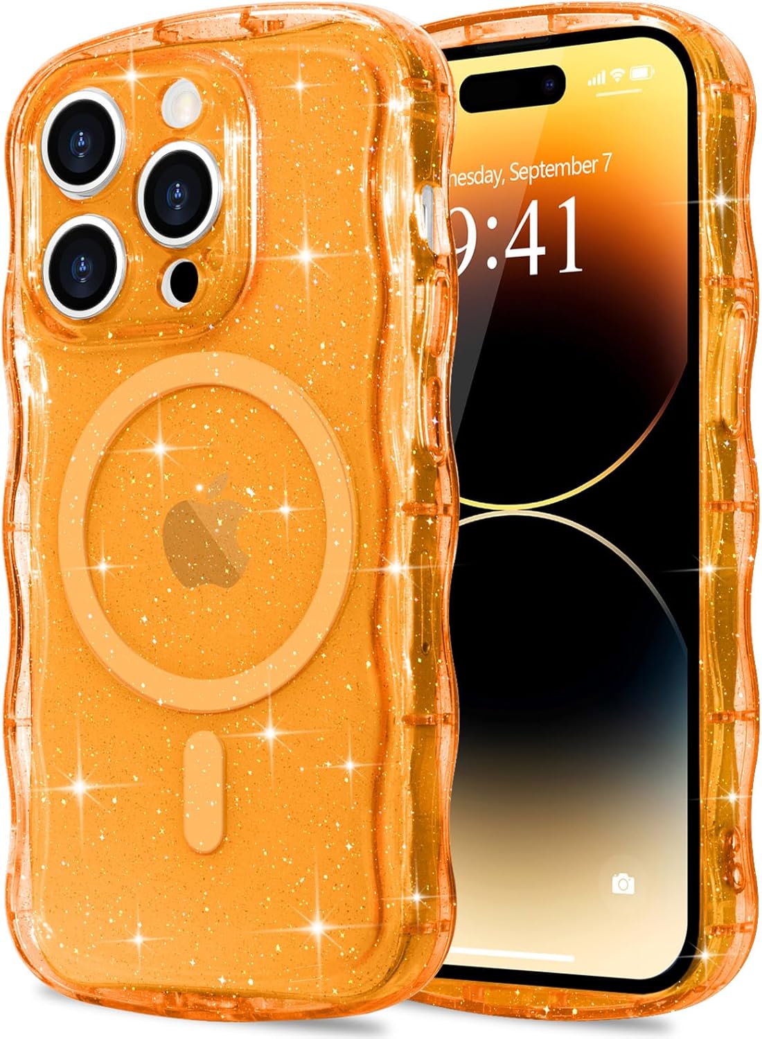 Magnetic for iPhone 14 Pro Max Case Clear, Sparkly Bling Glitter Cute Curly Wave Cover for Women Men Compatible with MagSafe TPU Shockproof Protective Phone Case for iPhone 14 Pro Max, Orange