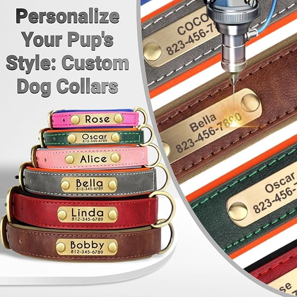 SEOUGEE Genuine Leather Dog Collar Personalised, Soft Padded Leather Dog Collars Heavy Duty with Custom Engraved Name Plate Adjustable for Small Medium Large Dogs (L, Green 35-45cm) - 4
