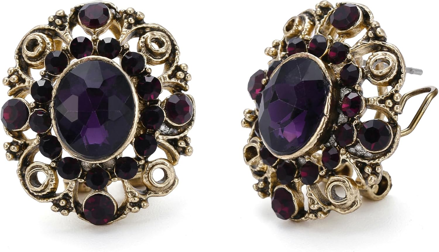 Flyonce Vintage Oval Stud Earrings for Women, Victorian Style Rhinestone Crystal Floral Vine Art Deco Studs Earring Wedding Prom Party Jewelry for Brides Bridal Antique Gold-Tone