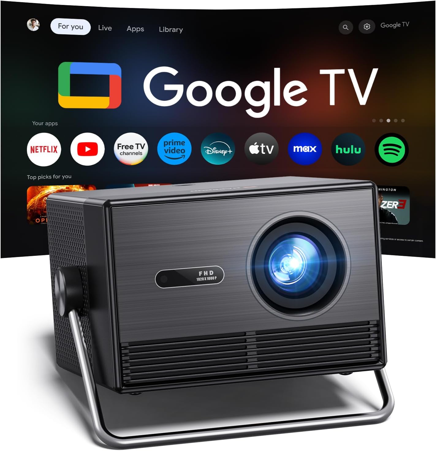 Product image of 2000 ANSI Lumen Outdoor Projector Official Licensed Google TV Full HD 4K , Smart Projector with Wifi and Bluetooth, Auto Focus, Dolby Sound,Built-in Apps,HAPPRUN Home Theater for Phone/TV Stick/PC/PS5