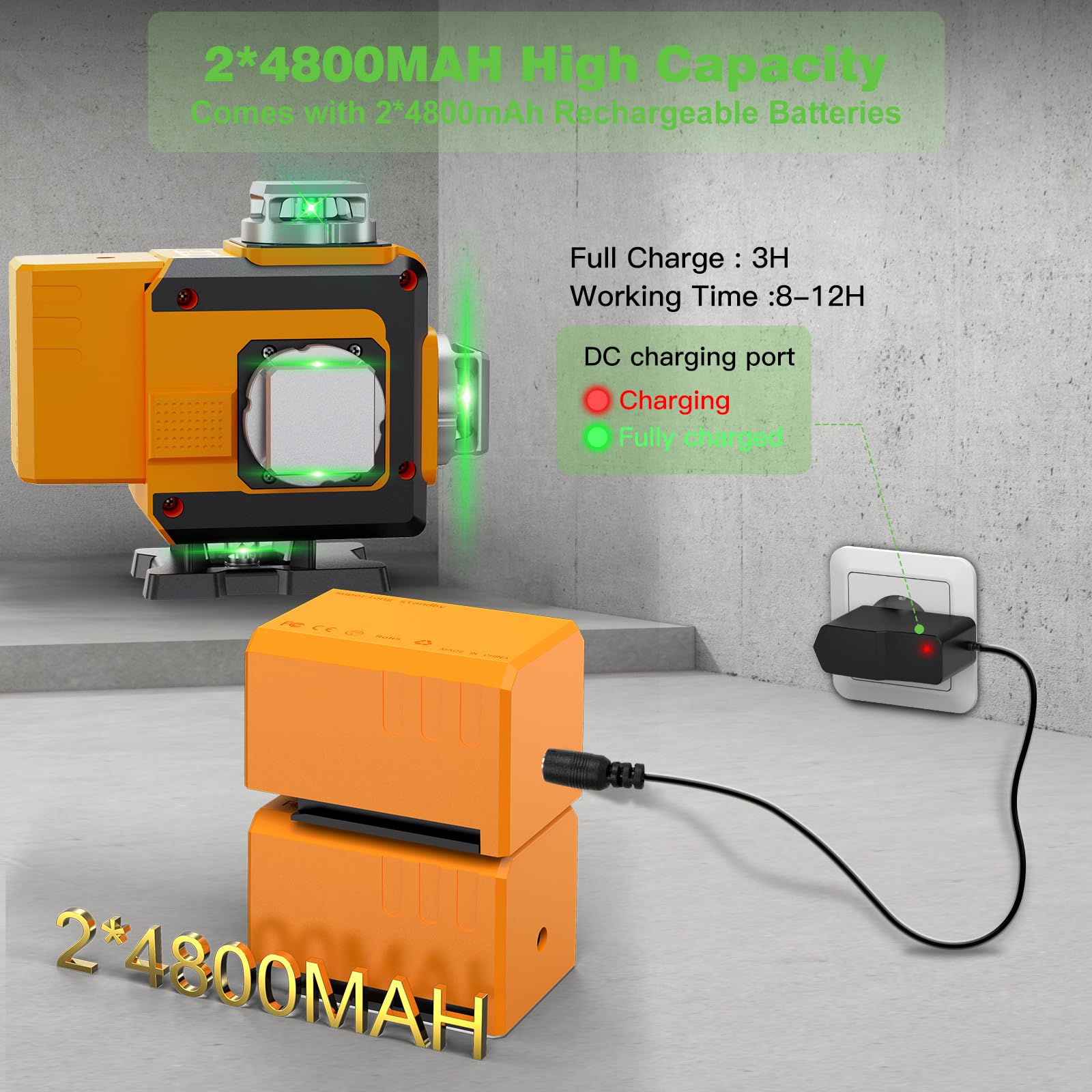 Livella Laser Autolivellante 4 X 360° Verde, Impermeabile, ±3° Livellamento Automatico, Per Costruzione e Appendere Quadri, 2 * 4800mAh batterie (16 Linee)