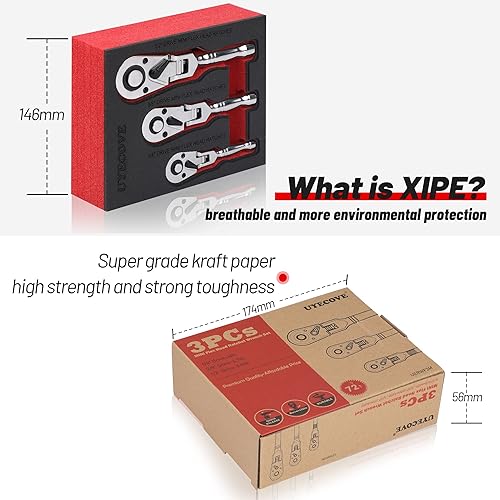 Vista 35 de Trinquete de cabeza flexible de 3/8 pulgadas con mango largo, llave giratoria de liberación rápida de 72 dientes, cabeza Cr-Mo, mango flexible