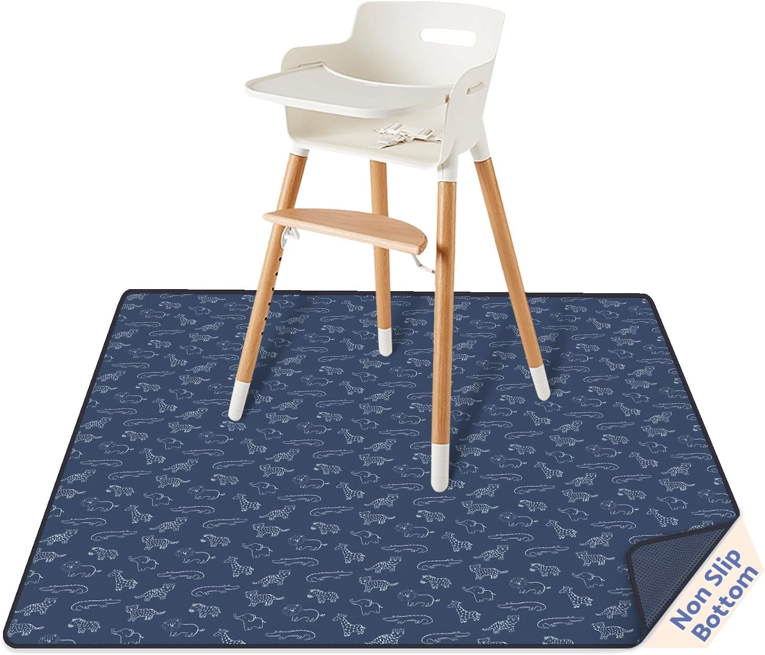 Baby Splat Mat for Under High Chair, 50.4 x 50.4 Inch Wipeable Splash Mat, Waterproof and Washable, Anti-Slip Floor Protector, Safari Animals