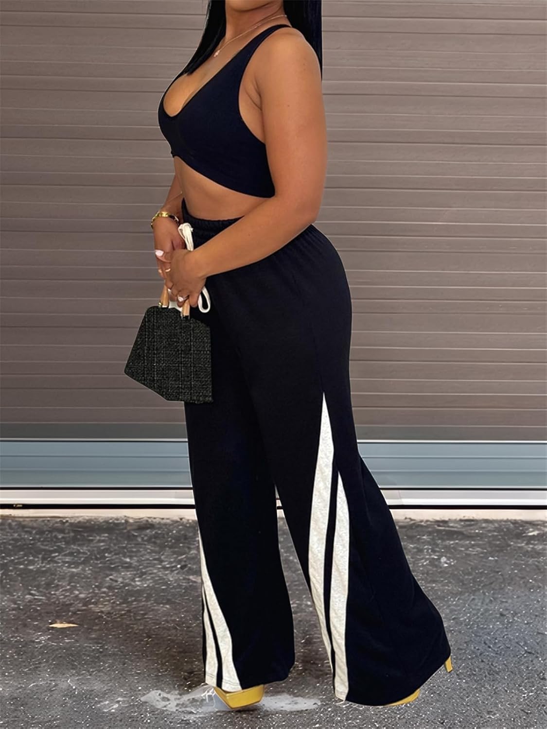 Patchwork Pants for Women High Waist Straight Wide Leg Sweatpants Color Block Striped Track Loose Pants - Image 3