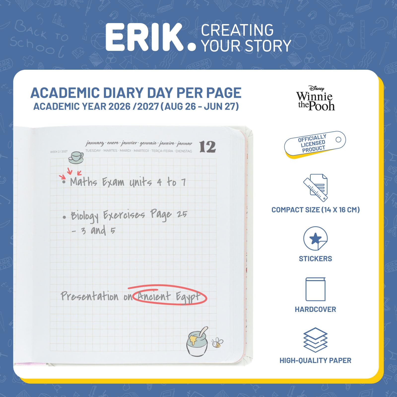Grupo Erik Academic Diary 2026-2027 Page a Day - Disney Winnie the Pooh Gifts | Back to School Planner 2026-2027, Mid Year Diary 2026 2027 Day per Page | Winnie the Pooh Stationery, Disney Stationery
