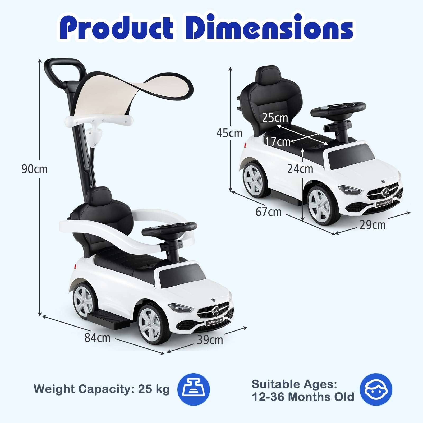 SOARS Macchina Cavalcabile per Bambini con Licenza Mercedes-Benz 3 in 1, Capote Regolabile, Guida Realistica con Volante e Clacson, Capacità di Carico 25 KG, per Bambine e Bambini 1-3 Anni (Bianco)