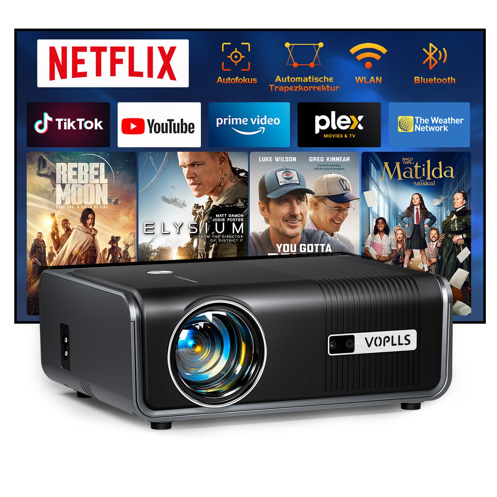 Smart Beamer【800ANSI ＆ Offizielle App】 Mini Projektor mit Autofokus ＆ Trapezkorrektur, VOPLLS 1080P Full HD WiFi6 Bluetooth Beamer 4K Heimkino/Outdoor Klein Projector für Handy (Schwarz)
