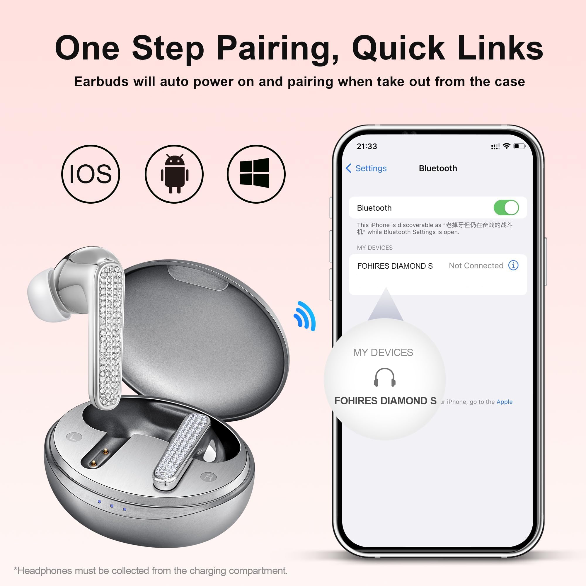 FOHIRES Diamond S Wireless Earbuds, Handcrafted with Embedded Crystals, Personalized Headphones (Platinum)