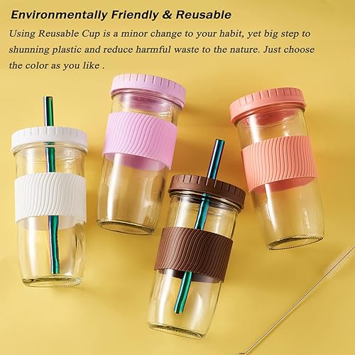 Miniatura 7 de Paquete de 2 tazas reutilizables Boba, taza de batido de boca ancha de 24 onzas, tarro de vidrio con tapas y pajillas, tazas de té burbujasBoba,
