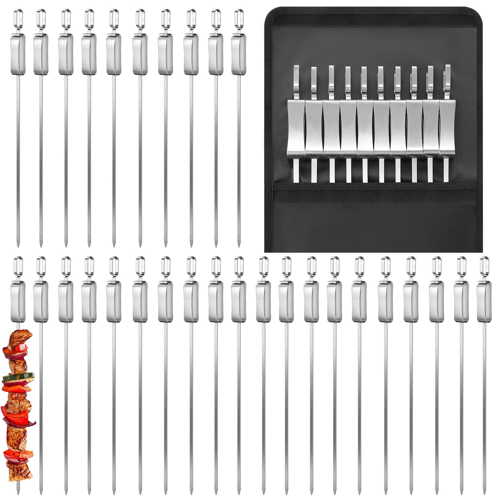 Therwen 30 Pcs Kabob Skewers for Grilling 16'' Long Metal Skewers for Kabob with Slider Flat Stainless Steel Kabob Sticks Reusable BBQ Skewers with 3 Storage Bags for Meat Shrimp Chicken Veggie