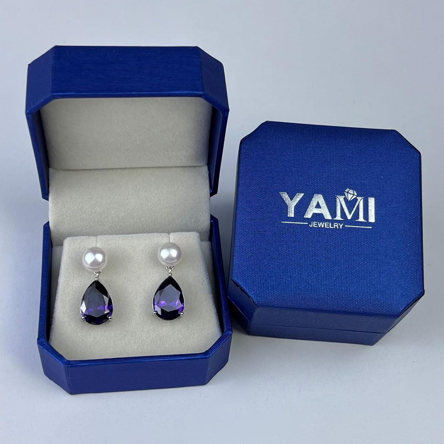YAMI Pearl Earrings for Women, 925 Sterling Silver Studs 10 * 14mm Pear Shaped Colored Zircon Birthstone Drop Dangle Earrings, 8-8.5MM Freshwater Cultured Pearl Jewelry Gifts